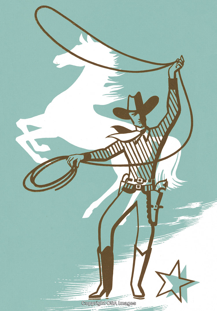 Retro Cowboy Illustration with Lasso and Horse Silhouette Featuring Western Style