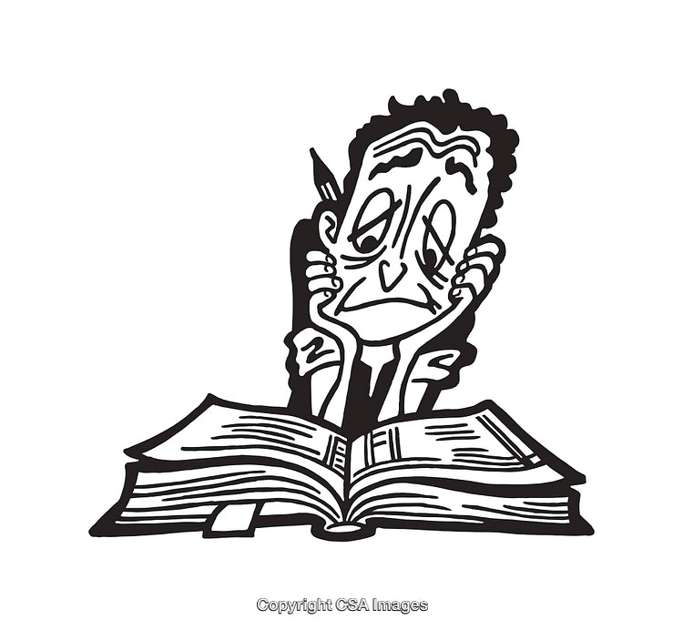 Black and White Illustration of a Stressed Reader at a Desk