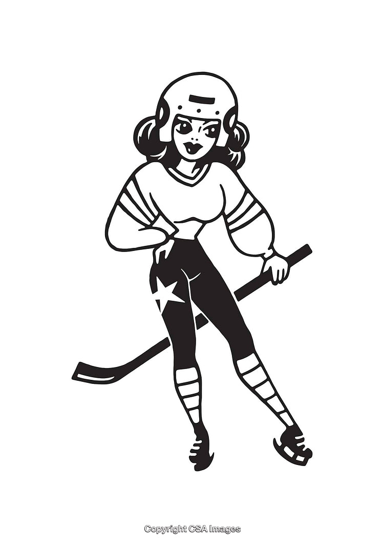 Vintage Black And White Illustration of a Female Hockey Player