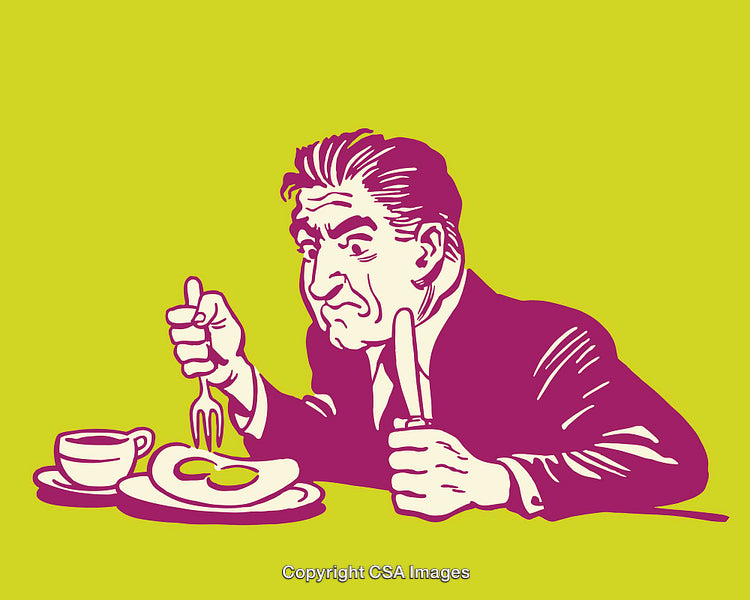 Retro Line Art Illustration of a Man Eating Breakfast with a Cup of Coffee