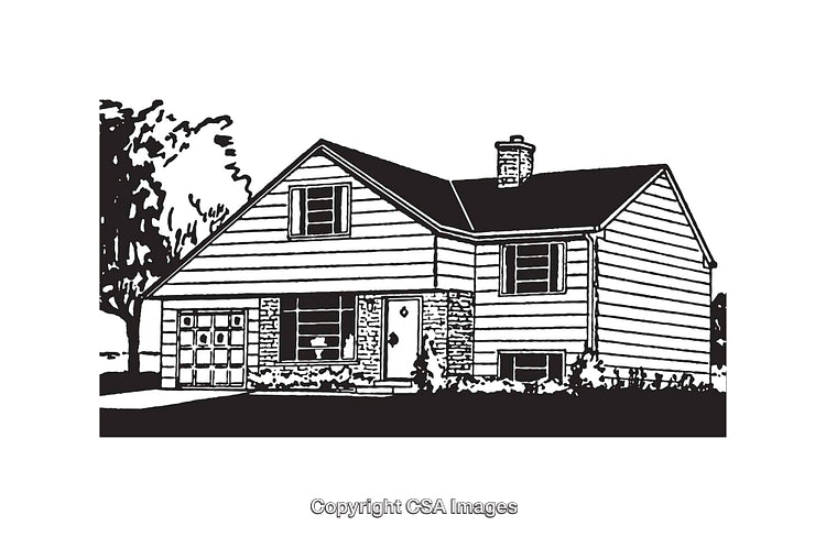 Black and White Line Art Illustration of a Classic Suburban Home