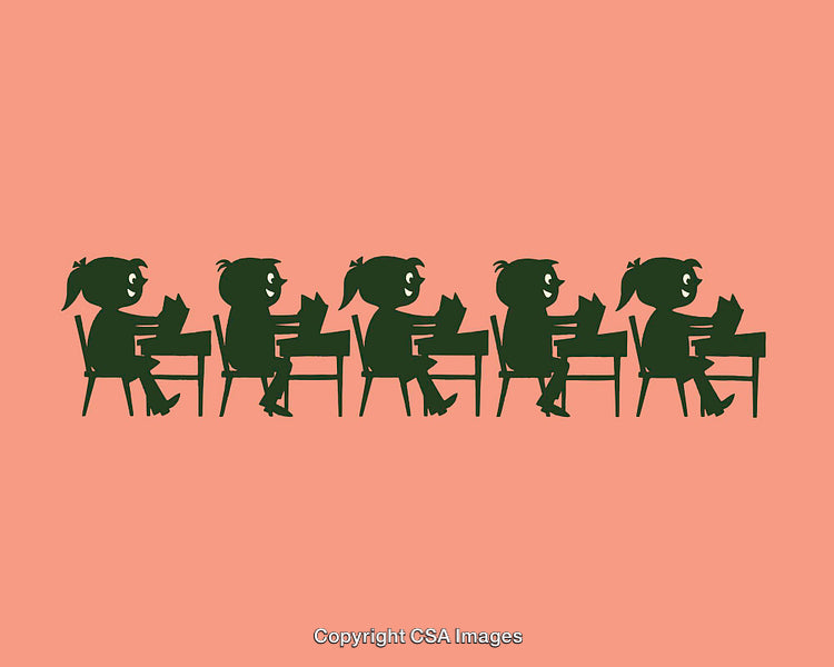 Silhouette Illustration of Children Studying at Desks in a Classroom