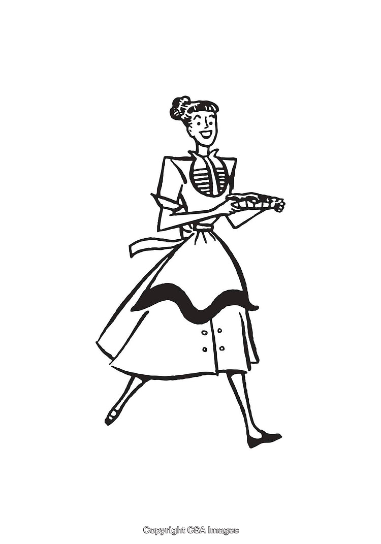 Retro Line Art Illustration of a Stylish Woman Holding a Freshly Baked Pie