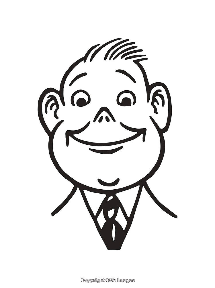 Black and White Line Art Illustration of a Smiling Cartoon Character