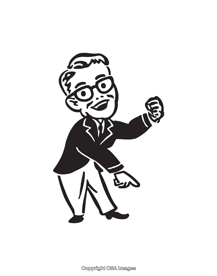 Retro Black and White Illustration of a Joyful Business Character