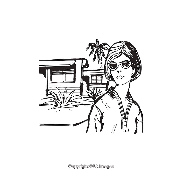 Retro Line Art Of Woman Outdoors With Modern House And Palm Trees