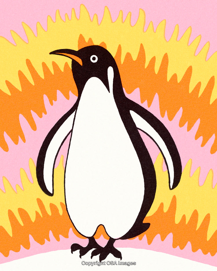 Colorful Illustration of a Penguin with a Vibrant Flaming Background