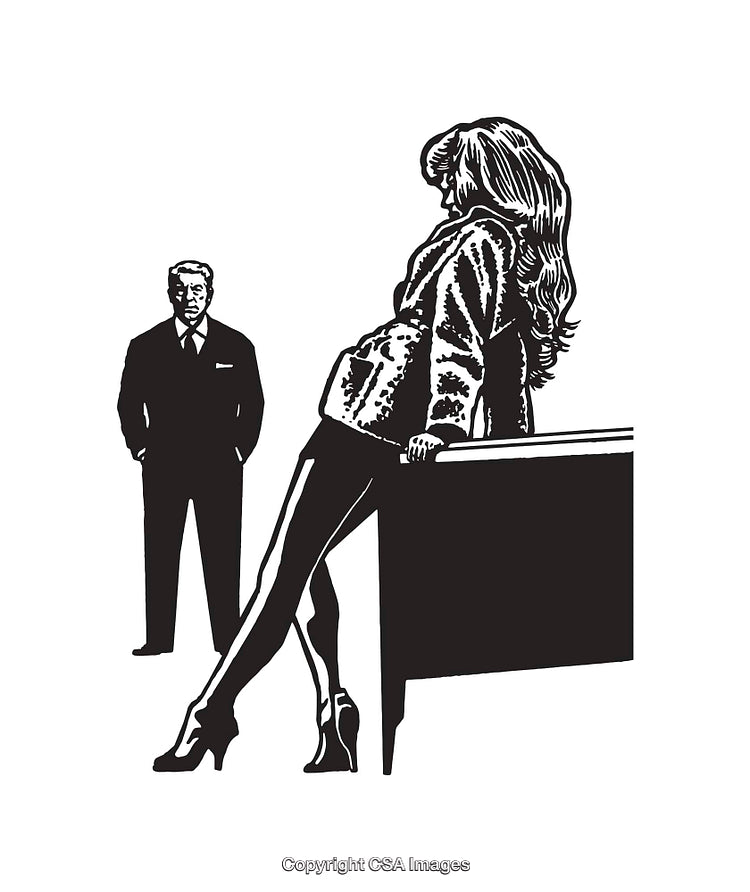 Black and White Line Art Depiction of a Man and Woman in Business Setting