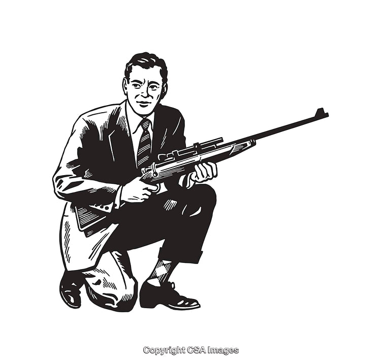 Detailed Black and White Illustration of a Man Holding a Rifle