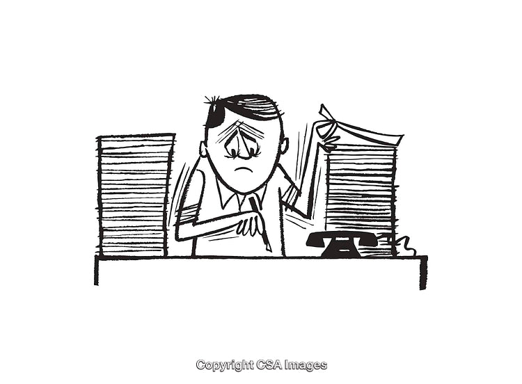 Frustrated Office Worker Surrounded by Paperwork Line Art Illustration