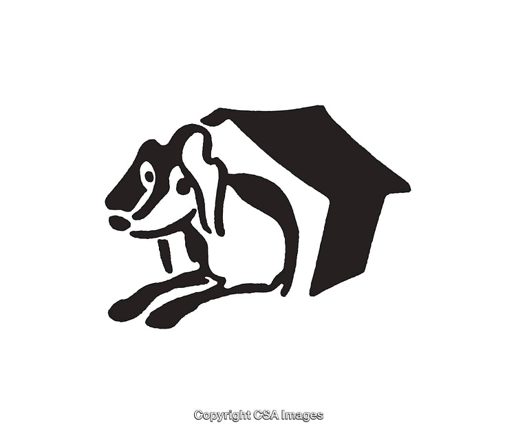 Black And White Line Art Showing a Dog Resting Beside a Doghouse