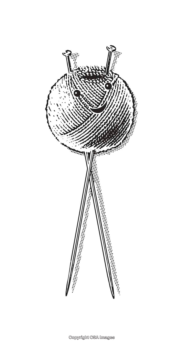 Smiling Yarn Ball and Knitting Needles in Black and White Art