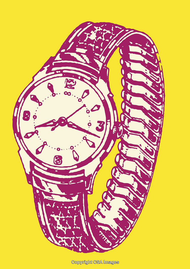 Colorful Line Art Illustration of a Vintage Watch on Yellow Background