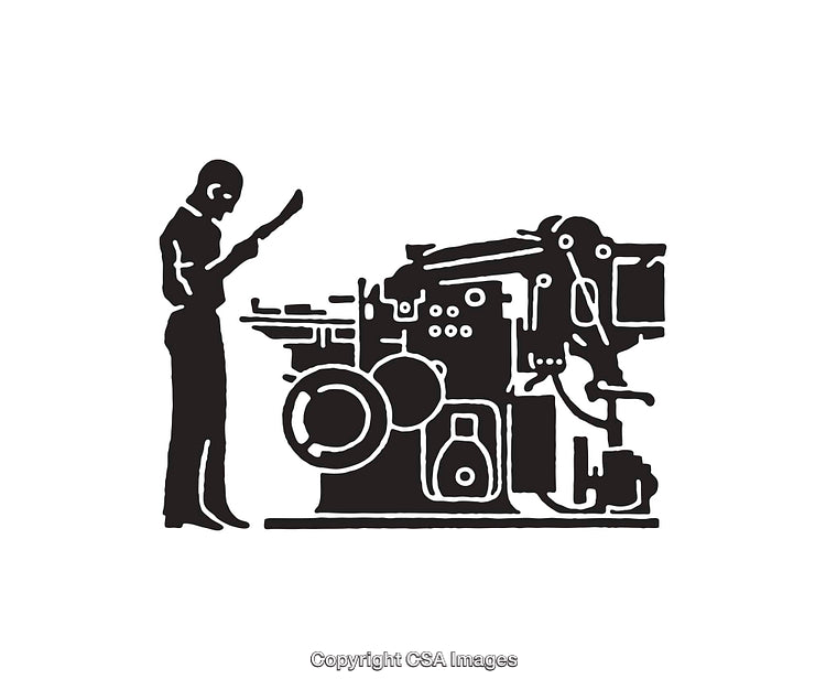 Black and White Illustration of a Printing Machine with Operator