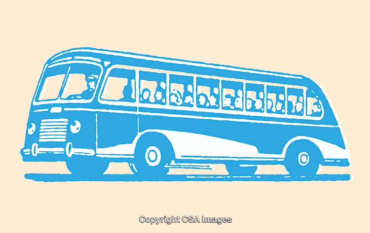 Blue Retro Bus Illustration with Passengers in a Vintage Style