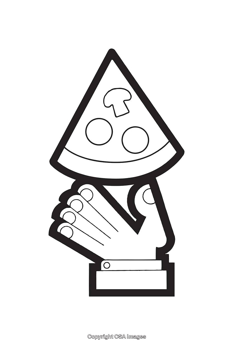 Black and White Line Art Illustration of a Hand Holding a Pizza Slice