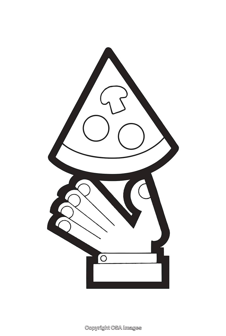 Black and White Line Art Illustration of a Hand Holding a Pizza Slice