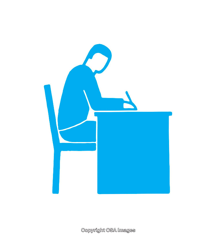 Blue Icon of Person Writing at a Desk in Side View