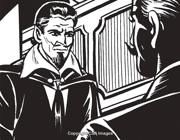 Monochromatic Illustration of Two Characters Conversing in a Dramatic Scene