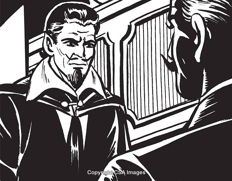 Monochromatic Illustration of Two Characters Conversing in a Dramatic Scene