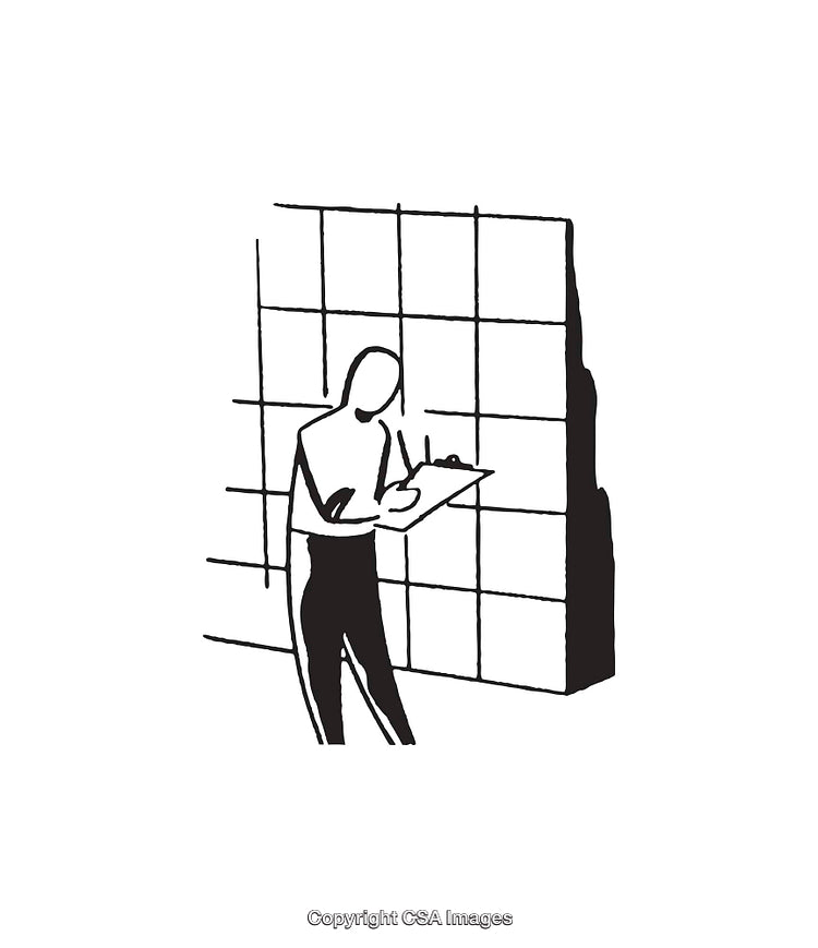 Abstract Line Art Illustration Depicting a Person Writing Against a Grid Wall