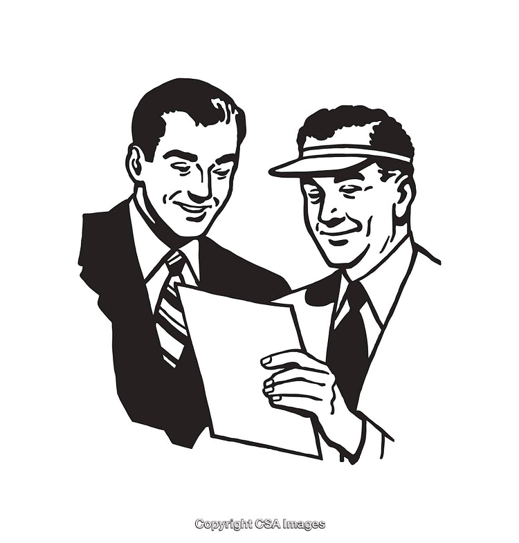 Retro Black and White Line Art of Two Businessmen Reviewing Paperwork