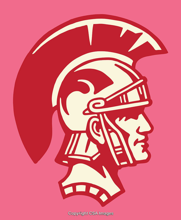 Bold Red Roman Soldier Helmet Illustration on a Vibrant Pink Background