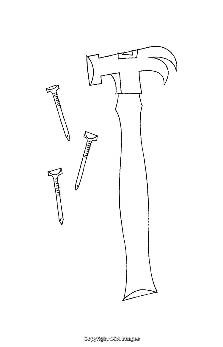 Black and White Line Drawing of a Hammer and Nails