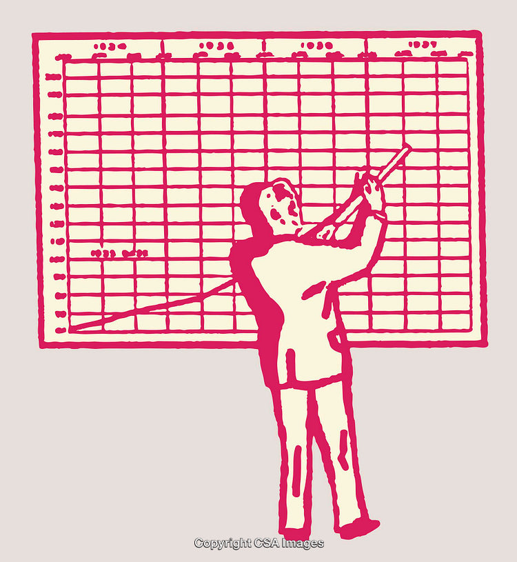 Person Presenting Data on Illustrated Graph Chart in Retro Style Art