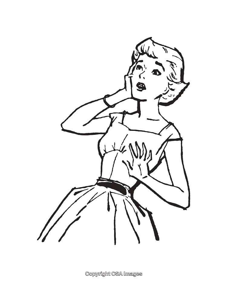 Vintage Line Art Illustration of a Surprised Woman in Retro Style