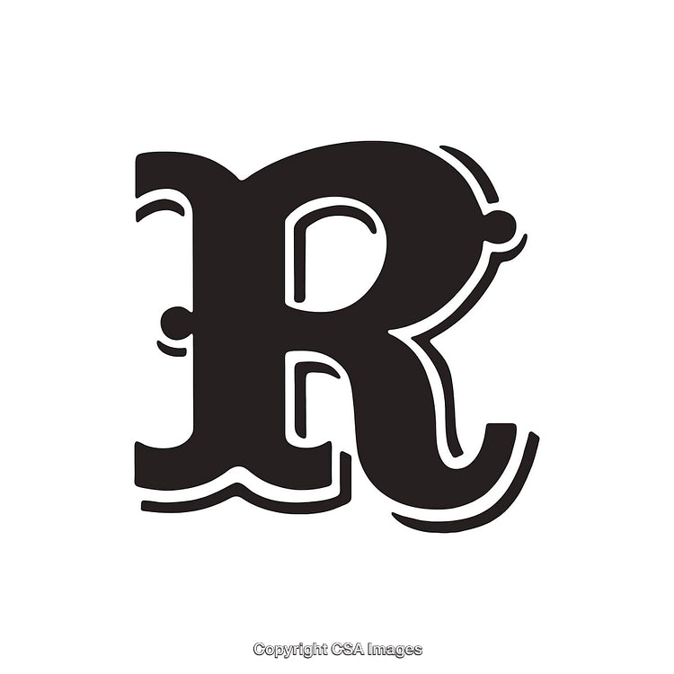 Stylized Black Letter R in Bold Decorative Typography on a White Background