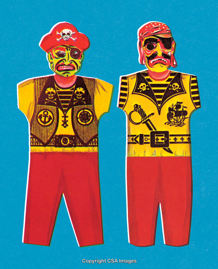 Brightly Illustrated Pirate Figures with Vibrant Colors on Blue Background