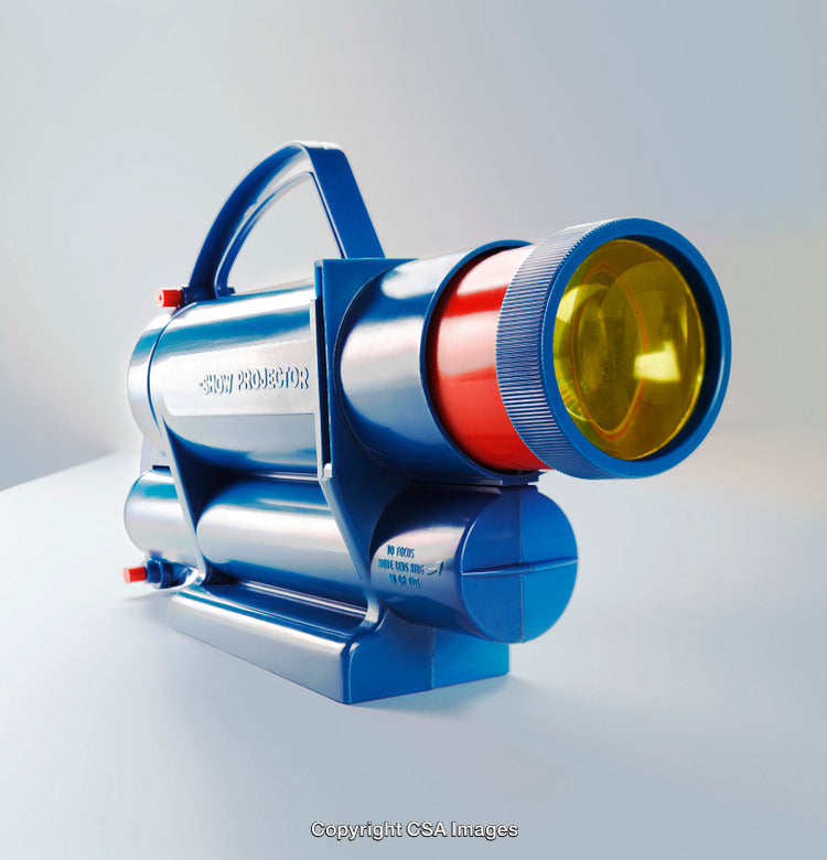 Vintage Blue Toy Projector With Yellow Lens on Neutral Background