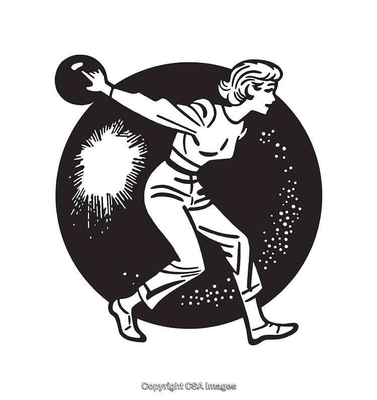 Vintage Black And White Line Art of Woman Bowling