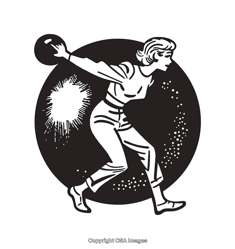 Vintage Black And White Line Art of Woman Bowling