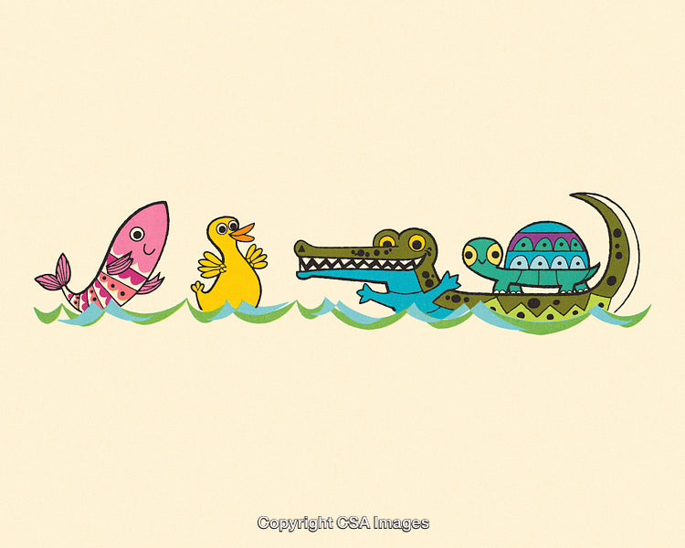 Colorful Illustration of Animals Playing Together in Water