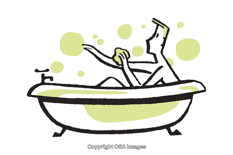 Minimalist Illustration of Relaxing Individual in a Bathtub with Soap Bubbles