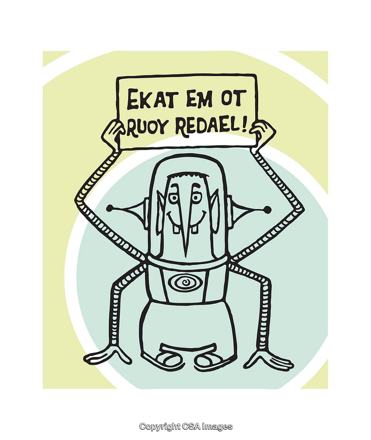 Whimsical Cartoon Robot Illustration Featuring a Playful Message in Bold Design
