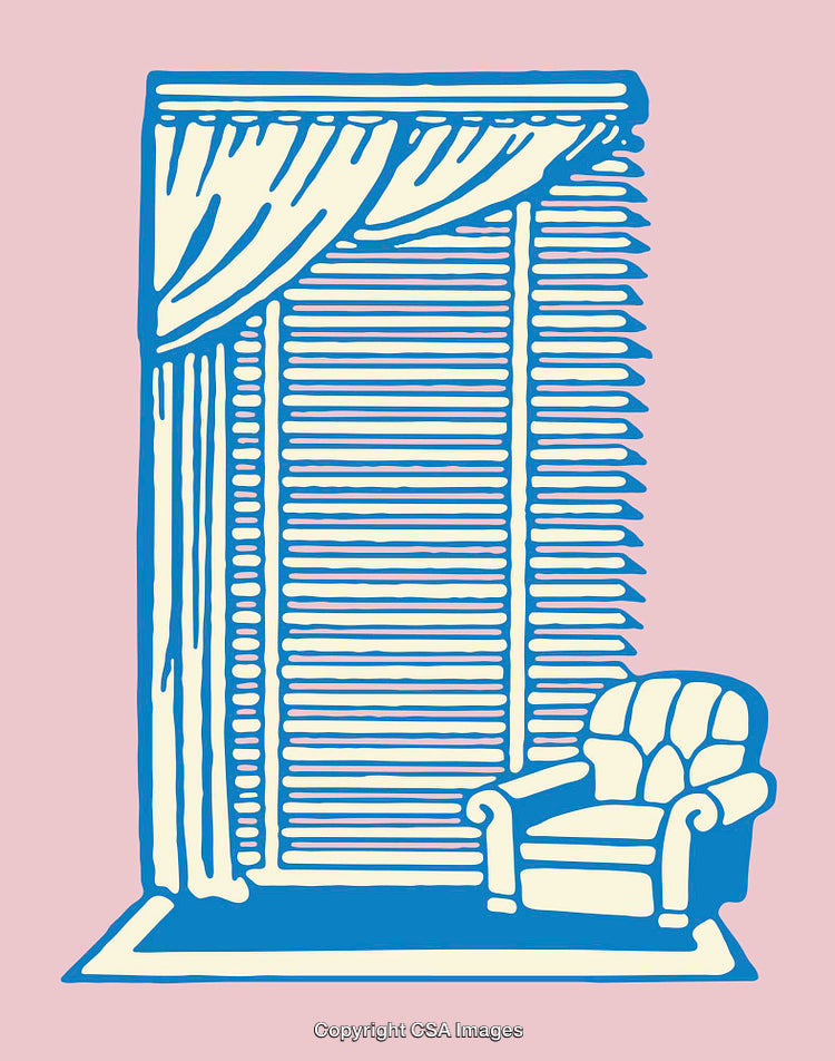 Simplistic Line Art of a Cozy Armchair by Window with Blinds