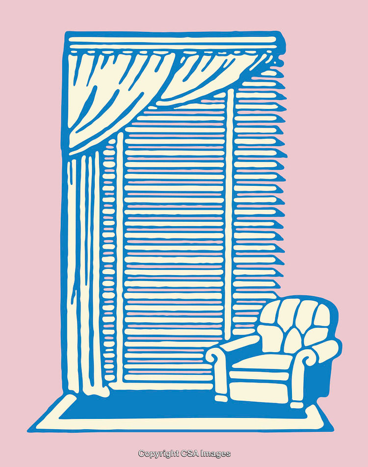 Simplistic Line Art of a Cozy Armchair by Window with Blinds