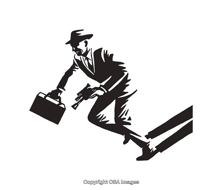 Retro Spy Figure Holding Gun and Briefcase in Motion