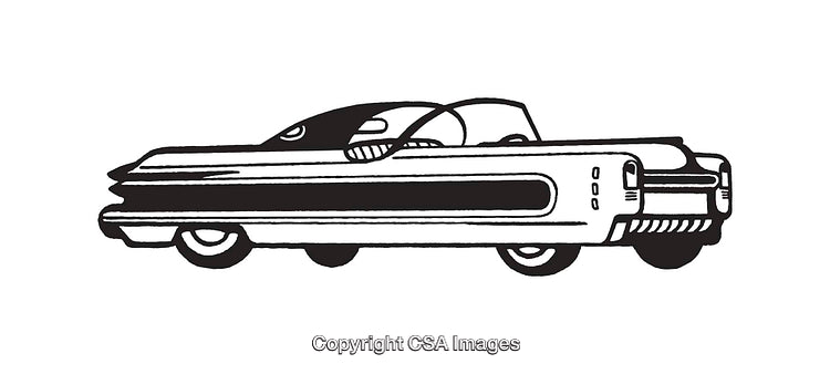 Retro Line Art Illustration of a Stylized Futuristic Car in Black and White
