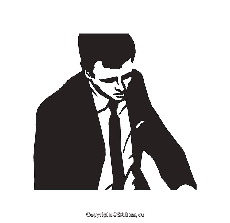 Black and White Line Art Illustration of a Pensive Man in Suit