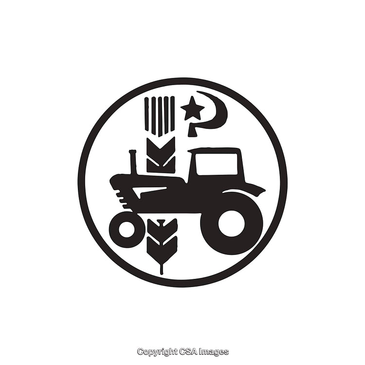 Black and White Icon Depicting Agriculture with Tractor and Crops