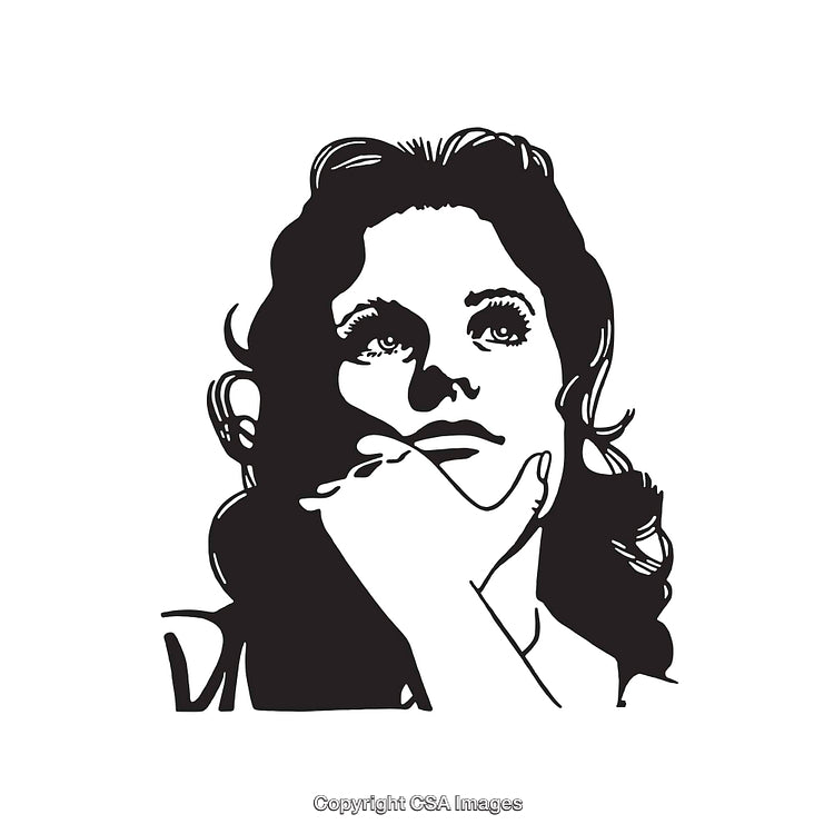 Black and White Illustration of a Thoughtful Woman Looking Up