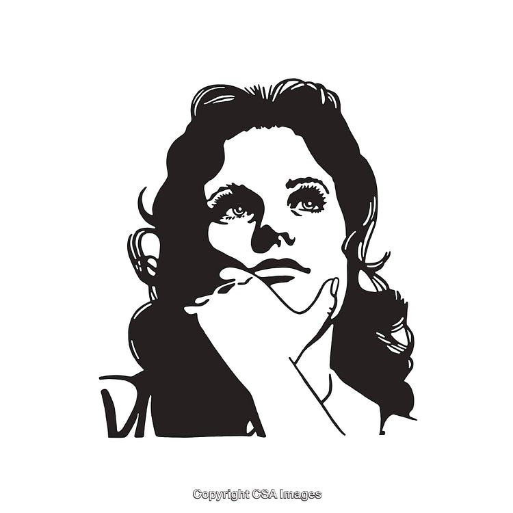 Black and White Illustration of a Thoughtful Woman Looking Up