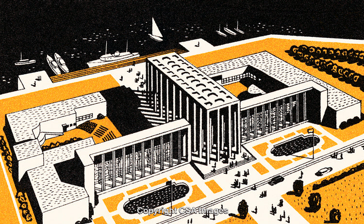 Mid-Century Architectural Design of a Waterside Complex Illustration