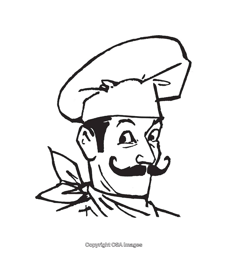 Black and White Illustration of a Cheerful Chef with Mustache