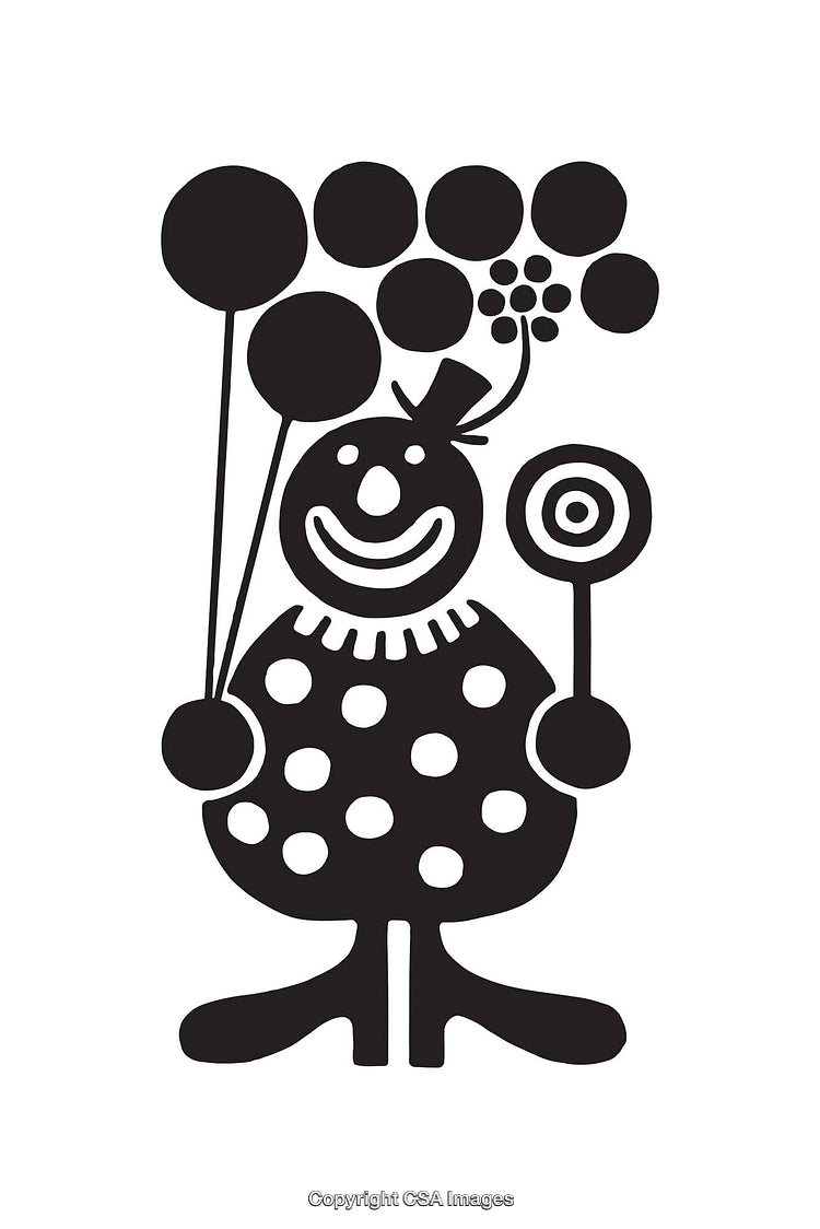 Black and White Clown Illustration with Balloons and Lollipop