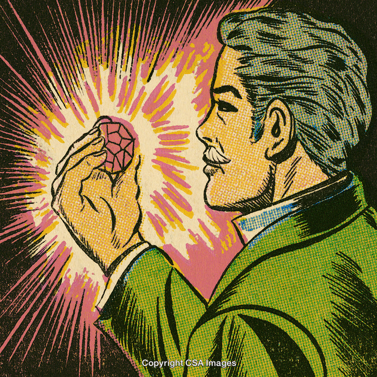 Vintage Comic Style Illustration of a Man Holding a Glowing Gem